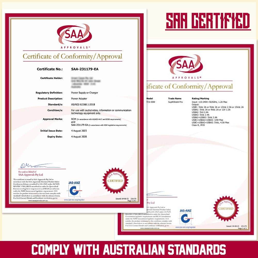 SupRShield 50W SAA Certified PD Fast Charging Charger Multi 4 Ports USB-C QC3.0 Power Wall Plug Travel Adapter SupRShield 50W SAA Certified PD Fast Charging Charger Multi 4 Ports USB-C QC3.0 Power Wall Plug Travel Adapter
